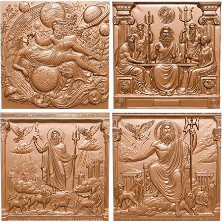 Zeus Temalı  4'lü Set 3D Taş Tablo, 40x40 cm, Yunan Mitolojisi