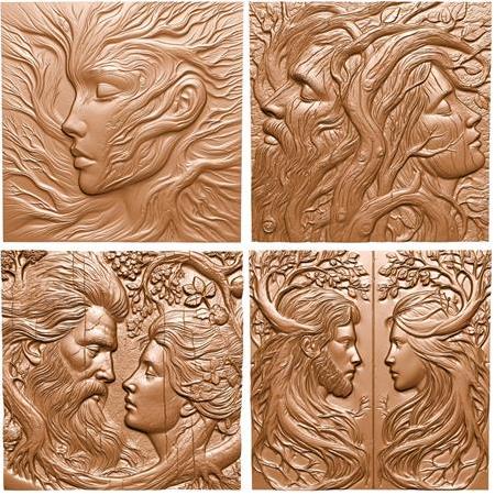 Sanatsal Temalı  4'lü Set 3D Taş Tablo, 40x40 cm, Köklü Hisler Üç Boyutlu Rölyef Tablo Seti