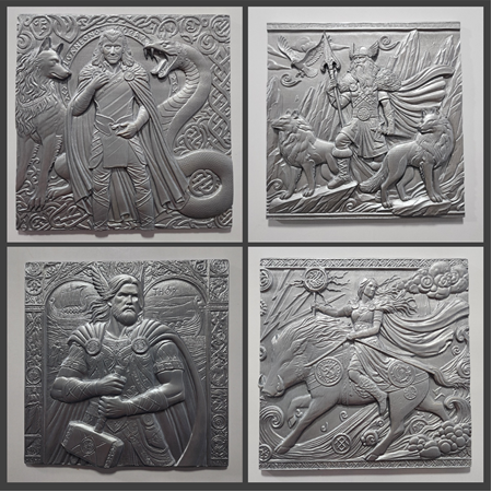 İskandinav Mitolojisi  Temalı  4'lü Set 3D Taş Tablo, 40x40 cm Odin, Thor, Freya, Loki