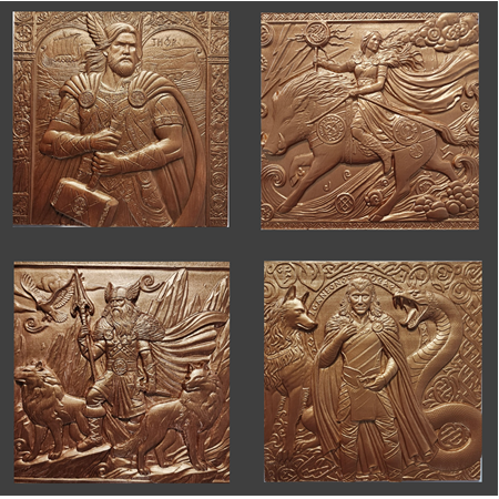 İskandinav Mitolojisi  Temalı  4'lü Set 3D Taş Tablo, 40x40 cm Odin, Thor, Freya, Loki