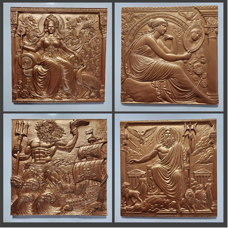 Yunan Mitolojisi  Temalı  4'lü Set 3D Taş Tablo, 40x40 cm, Zeus, Poseidon, Afrodit, Hera