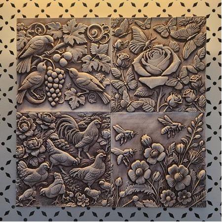 Bahçe Hayatı Temalı 4'lü Set 3D Taş Tablo, 40x40 cm, üç boyutlu rölyef tablo seti