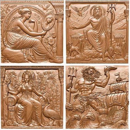 Yunan Mitolojisi  Temalı  4'lü Set 3D Taş Tablo, 40x40 cm, Zeus, Poseidon, Afrodit, Hera