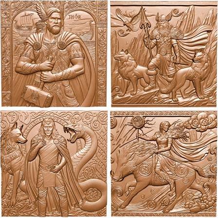 İskandinav Mitolojisi  Temalı  4'lü Set 3D Taş Tablo, 40x40 cm Odin, Thor, Freya, Loki
