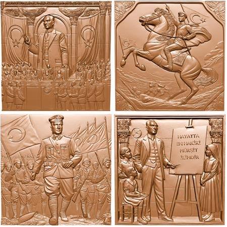 Atatürk Temalı 4'lü Set 3D Taş Tablo, 40x40 cm , Mustafa Kemal Atatürk Üç Boyutlu Tablo seti